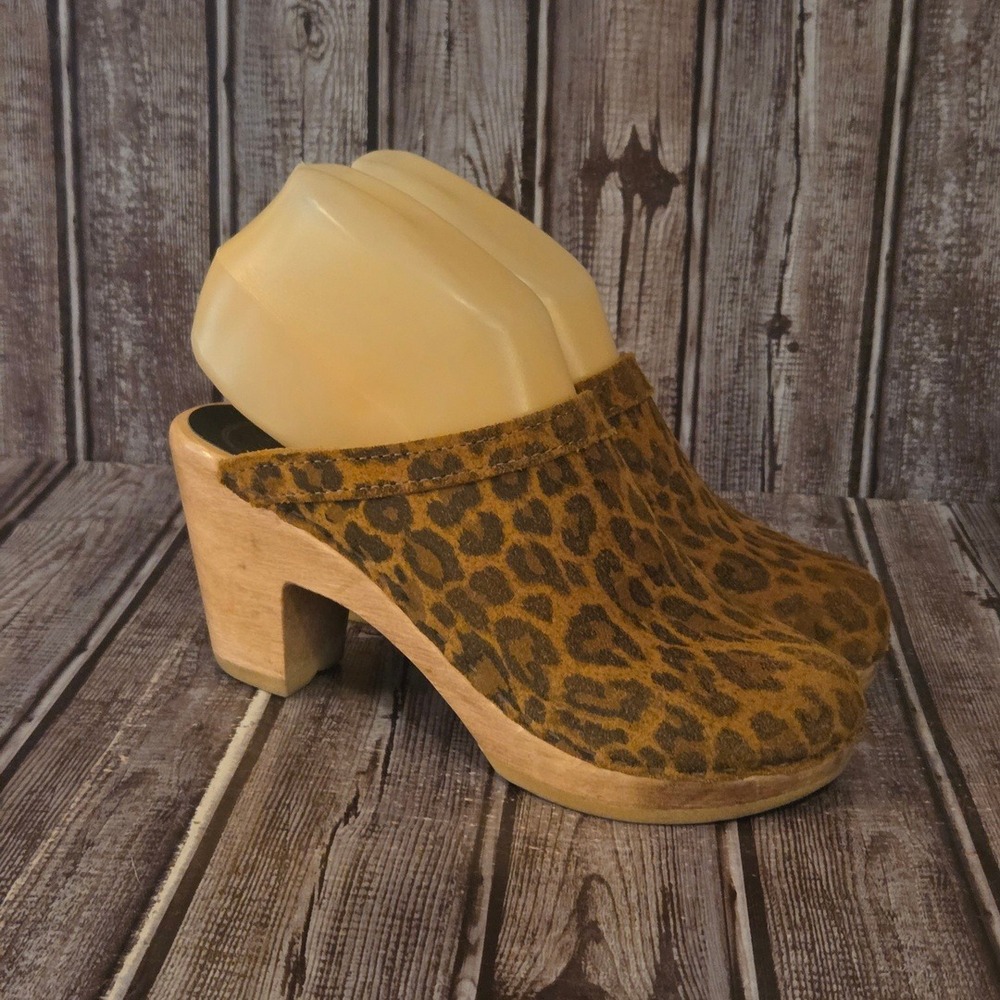 Sz 36 EU/ 6 US No.6 Brown Leopard Print Suede Wooden Platform Clog Mules VGUC